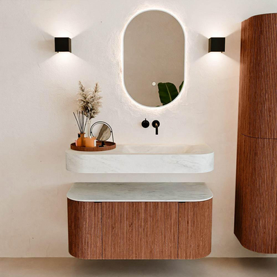 MONDIAZ THOR-DLUX 100cm meuble de salle de bains arrondi gauche + droite couleur Ruby avec 1 tiroir et 2 portes. Vasque suspendue CLOUD Droite sans trou de robinet couleur Opalo.