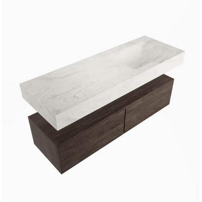 Mondiaz ALAN - DLUX ensemble de meuble de salle de bain - 130cm - meuble sous-vasque - Marron Foncé - 1 tiroir - lavabo suspendu - évier à droite - 0 trous de robinet - Ostra