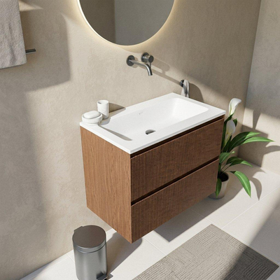 Saniclass Holz Atelier Ensemble meuble de salle de bains - 80x45x77.5cm - lavabo Torino en solid surface blanc - sans trou de robinet - 2 tiroirs - noyer pure mat (bois)