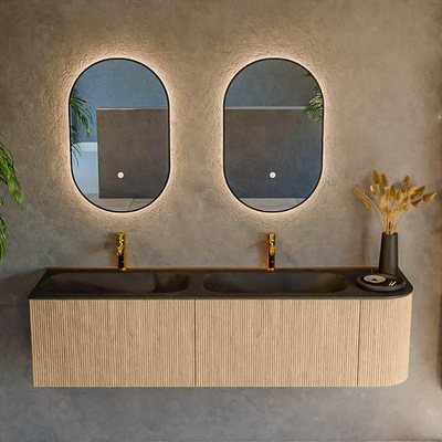 MONDIAZ KURVE 165cm Meuble salle de bain avec module 25 D - couleur Oak - 2 tiroirs - 1 porte - vasque BIG SMALL double / gauche - 2 trous de robinet - Urban