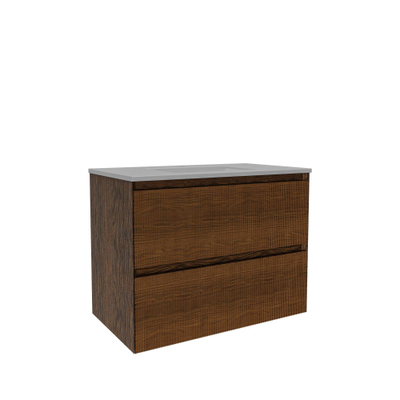 Saniclass Holz Atelier Ensemble de meubles de salle de bains - 80x45x62cm - Lavabo Vygo en céramique - 1 vasque - 1 trou de robinetterie - avec trop-plein - 2 tiroirs - walnut pure mat (bois)