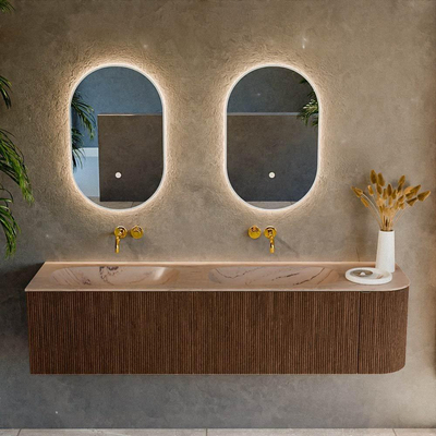 MONDIAZ KURVE-DLUX meuble de salle de bains 175cm arrondi droit couleur noyer avec 2 tiroirs et 1 porte. Lavabo STOR SMALL double / gauche sans trou de robinet Arena.