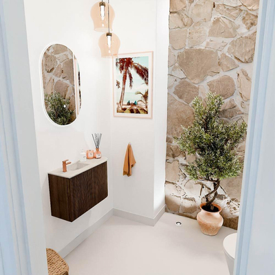 Mondiaz JOYA-DLUX 61.6cm toiletmeubel - ronding rechts kleur Walnut - Wastafel FAYE positie Links 1 kraangat kleur Ostra.