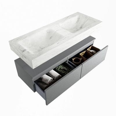 Mondiaz ALAN-DLUX Ensemble de meuble - 120cm - meuble Plata mat - 2 tiroirs - Lavabo Cloud Opalo suspendu - vasque Gauche et droite - 2 trous de robinet