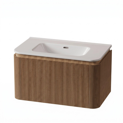Royal Plaza Terra Edge Ensemble meuble de salle de bains - 80x45.5x46cm - vasque en céramique blanc brillant - 1 vasque - 1 trou de robinet - 2 tiroirs - sandwood (chêne clair)