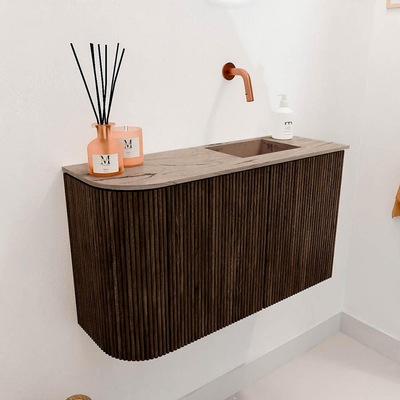 Mondiaz JOYA-DLUX Meuble de toilette 71,6cm - arrondi gauche couleur Noyer - Vasque FAYE position Droite Sans trou de robinet couleur Arena