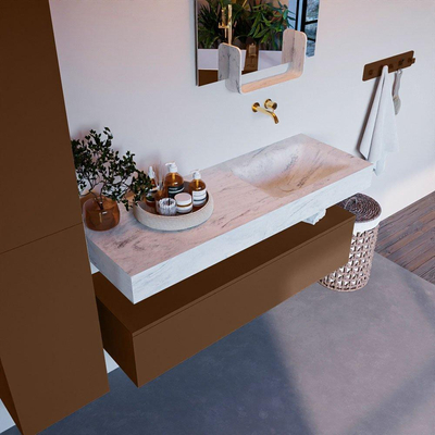 Mondiaz ALAN-DLUX Ensemble de meuble - 130cm - meuble Rust mat - 1 tiroir - Lavabo Cloud Opalo suspendu - vasque Droite - 0 trous de robinet