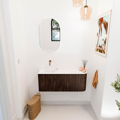 Mondiaz JOYA 101.6cm toiletmeubel - ronding rechts kleur Walnut - Wastafel FAYE positie Links Zonder kraangat kleur Talc.