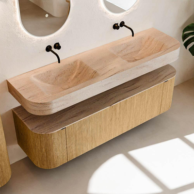 MONDIAZ THOR-DLUX 160cm meuble de salle de bains arrondi gauche + droite couleur Oak avec 1 tiroir et 2 portes. Vasque suspendue CLOUD Double sans trou de robinet couleur Saba.