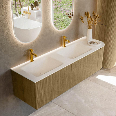 Mondiaz KURVE Badkamermeubelset - 155x46x40cm - 2 lade - 1 deur - wastafel solid surface - dubbel / links - 2 kraangaten - Dusk
