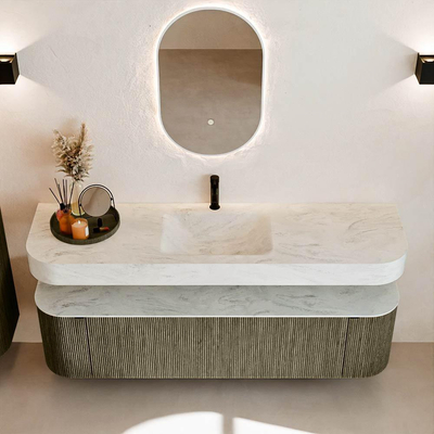 MONDIAZ THOR-DLUX 170cm meuble de salle de bains arrondi gauche + droite couleur Shadow avec 1 tiroir et 2 portes. Vasque suspendue CLOUD Milieu 1 trou de robinet couleur Opalo.