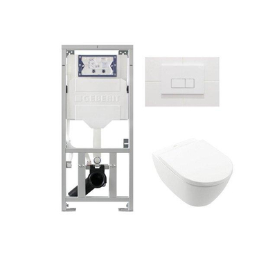 Villeroy & Boch Subway 2.0 wandcloset - 56cm - met Geberit UP320 inbouwreservoir - met Saniclass closetzitting - QeramiQ Push Bedieningsplaat - rechthoekige knoppen - wit glans