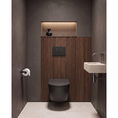 QeramiQ Dely Swirl Toiletset - 36.3x51.7cm - Geberit UP720 Duofix Sigma inbouwreservoir - 35mm zitting - bedieningsplaat mat antraciet - ronde knoppen - mat zwart