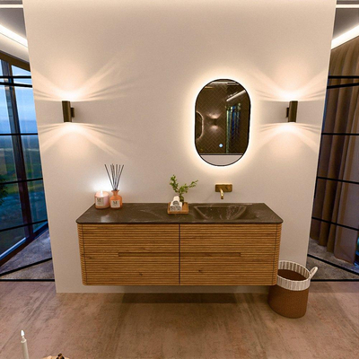 Mondiaz CIRO-DLUX Badkamermeubelset - 150x45x50cm - Solid surface wastafel Lava - 1 wasbak Rechts - zonder kraangaten - 4 lades - Oak