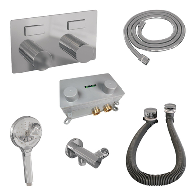 BRAUER Stripe Thermostatische Badkraan - drukknoppen - SET 03 - inbouw - badvulcombinatie - staaf handdouche - doucheslang - wandaansluitbocht - chroom