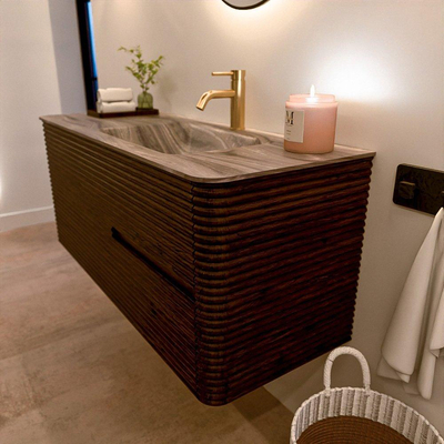 Mondiaz CIRO-DLUX Meuble de salle de bains - 120x45x50cm - Plan-vasque solid surface Sombra - 1 bassin à droite - 1 trou de robinet - 2 tiroirs - Noyer