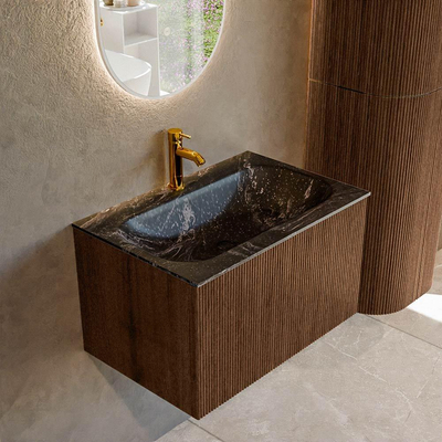 MONDIAZ KURVE-DLUX 70cm badmeubel kleur Walnut met 1 lade. Wastafel BIG SMALL midden 1 kraangat kleur Lava.