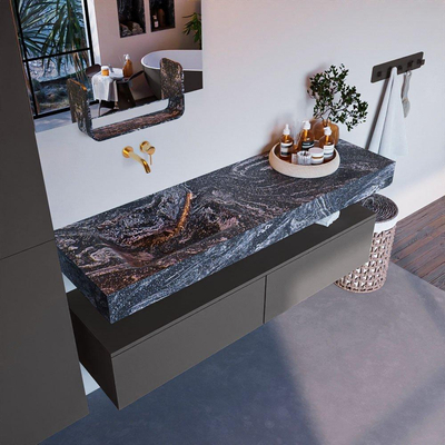 Mondiaz ALAN-DLUX Ensemble de meuble - 150cm - meuble Dark grey mat - 2 tiroirs - Lavabo Cloud Lava suspendu - vasque Gauche - 0 trous de robinet