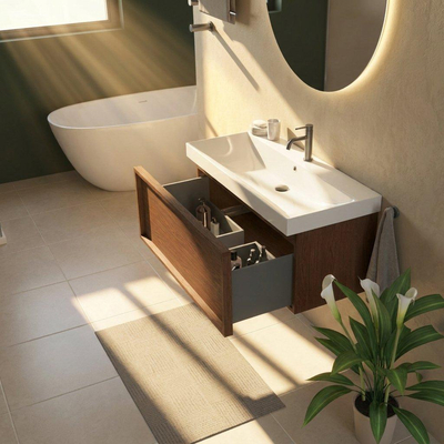 Saniclass Holz Frame Ensemble meuble de salle de bains - 100x45x47.5cm - lavabo Wave en céramique - 1 vasque - 1 trou de robinet - 1 tiroir - noyer pure mat (bois)