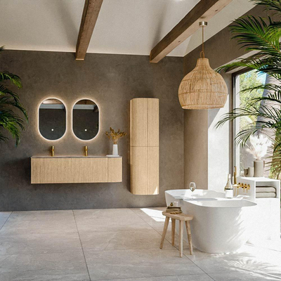 MONDIAZ KURVE-DLUX Meuble de salle de bains 145cm arrondi à droite couleur Chêne avec 1 tiroir et 1 porte. Lavabo BIG LARGE à gauche 2 trous de robinet Sombra.