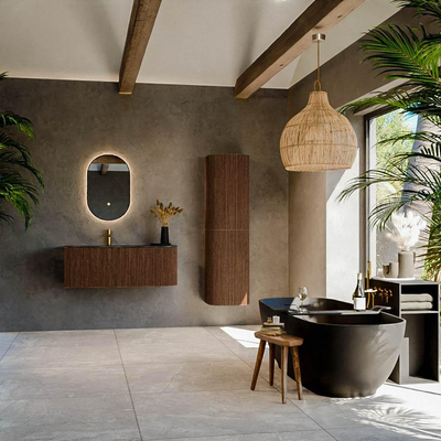 MONDIAZ KURVE-DLUX Meuble de salle de bains 115 cm avec module 25 R couleur Noyer avec 1 tiroir et 1 porte. Lavabo BIG SMALL gauche 1 trou de robinet couleur Lava.