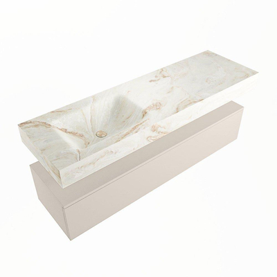 Mondiaz ALAN-DLUX Ensemble de meuble - 150cm - meuble Linen mat - 1 tiroir - Lavabo Cloud Frappe suspendu - vasque Gauche - 1 trou de robinet