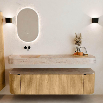 MONDIAZ THOR-DLUX 170cm badmeubel ronding links + rechts kleur Oak met 1 lade en 2 deuren. Vrijhangende wastafel CLOUD Links zonder kraangat kleur Saba.