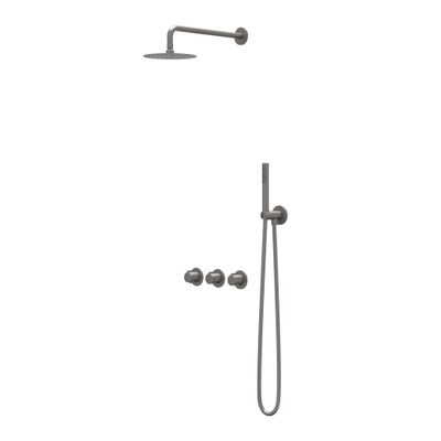 IVY Pact Ensemble de douche à effet pluie - encastré - symmetry - 2 robinets d'arrêt - bras mural 40cm - pomme de tête medium 20cm - support avec sortie - flexible de douche 150cm - douchette barre - metal black PVD brossé