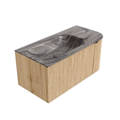 MONDIAZ KURVE-DLUX 95cm meuble de salle de bains arrondi Droite couleur Chêne avec 1 tiroir et 1 porte. Lavabo BIG SMALL Gauche 1 trou de robinet Sombra.