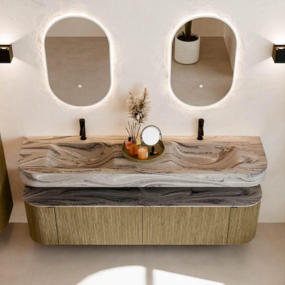 MONDIAZ THOR-DLUX 180cm meuble de salle de bains arrondi gauche + droite couleur Dusk avec 2 tiroirs et 2 portes. Vasque suspendue CLOUD Double 2 trous de robinet couleur Sombra.