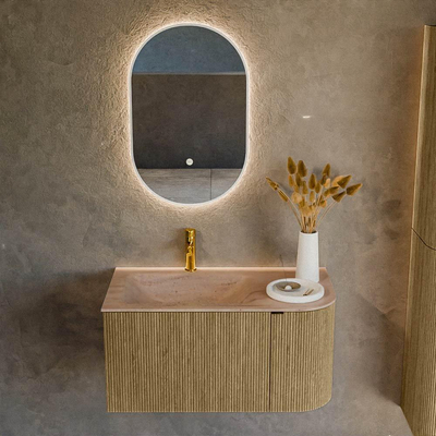 MONDIAZ KURVE-DLUX Meuble de salle de bains 85cm arrondi à droite couleur Dusk avec 1 tiroir et 1 porte. Lavabo CLOUD à gauche 1 trou de robinet Saba.