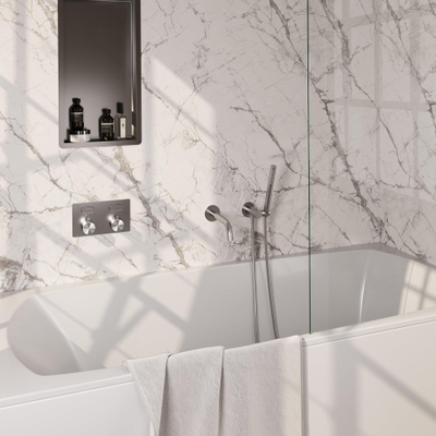 BRAUER Brushed Edition mitigeur de baignoire encastré thermostatique - boutons-poussoirs SET 03 - bec - pomme de douche à main en barre - flexible de douche - coude d’alimentation mural - inox brossé PVD