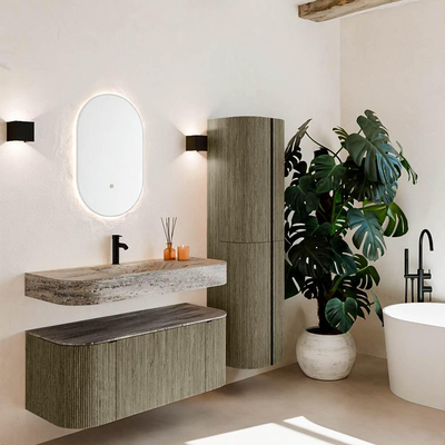 MONDIAZ THOR-DLUX Meuble de salle de bains 110cm arrondi gauche + droite couleur Shadow avec 1 tiroir et 2 portes. Vasque suspendue CLOUD Milieu 1 trou de robinet couleur Oza.