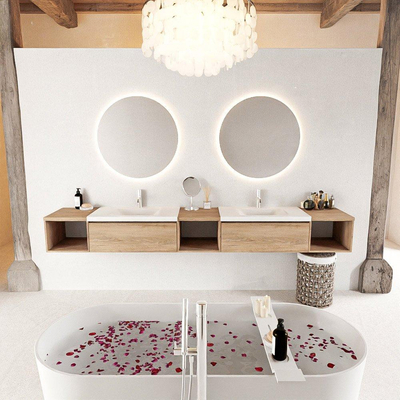 MONDIAZ BUKLA 280cm ensemble de meuble avec module ouvert 40 L+M+R couleur Chêne blanchi avec 2 tiroirs. Lavabo CLOUD double 2 trous de robinet couleur Talc.