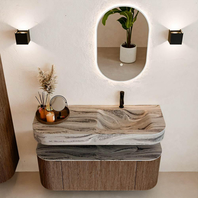 MONDIAZ THOR-DLUX 120cm badmeubel ronding links + rechts kleur Walnut met 1 lade en 2 deuren. Vrijhangende wastafel CLOUD Rechts 1 kraangat kleur Sombra.