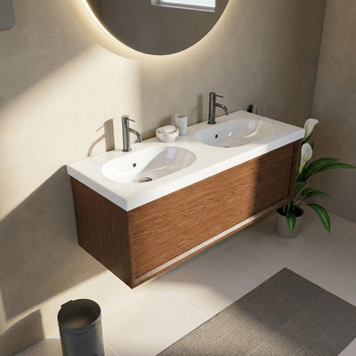 Saniclass Holz Frame Ensemble meuble de salle de bains - 120x45x43.5cm - lavabo en céramique Palermo blanc - 2 vasques - 2 trous de robinetterie - 1 tiroir - walnut pure mat (bois)