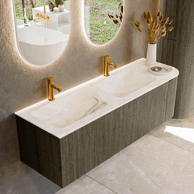 Mondiaz KURVE-DLUX Ensemble de meuble de salle de bains - 145x46x40cm - 1 tiroir - 1 porte - lavabo solid surface - double / gauche - 2 trous de robinet - Shadow