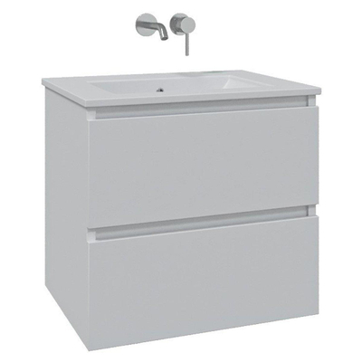 Adema Chaci Ensemble de meuble - 60x46x57cm - 1 vasque en céramique blanche - sans trou de robinet - 2 tiroirs - miroir rond avec éclairage - blanc mat