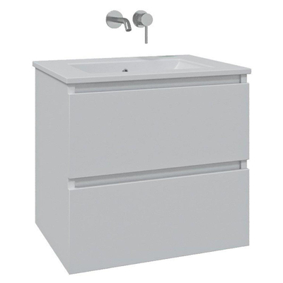 Saniclass Chaci Meuble de salle de bain - 60x46x55cm - lavabo en céramique blanc - 1 vasque - sans trou de robinet - 2 tiroirs - ronde miroir avec éclairage - blanc mat