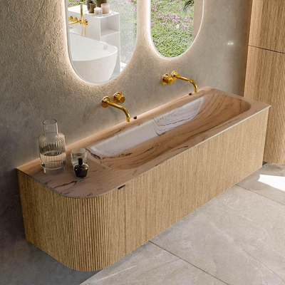 MONDIAZ KURVE-DLUX Meuble de salle de bains 145 cm arrondi à gauche couleur Chêne avec 1 tiroir et 1 porte. Lavabo BIG LARGE à droite sans trou de robinet Arena.