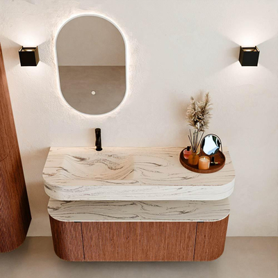 MONDIAZ THOR-DLUX 130cm meuble de salle de bains arrondi gauche + droite couleur Ruby avec 1 tiroir et 2 portes. Vasque suspendue CLOUD gauche 1 trou de robinet couleur Nata.