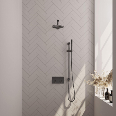 BRAUER gunmetal Carving Thermostatische Regendouche inbouw - drukknoppen - SET 61 - 20cm hoofddouche - rechte muurarm - staaf handdouche - doucheslang - geïntegreerde glijstang - gunmetal geborsteld PVD