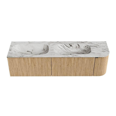 MONDIAZ KURVE-DLUX Meuble de salle de bains 165cm avec module 25 R couleur Chêne avec 2 tiroirs et 1 porte. Lavabo STOR SMALL double / gauche sans trou de robinet couleur Glace.