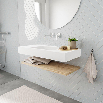 MONDIAZ ALAN 100cm - Ensemble meuble de salle de bains - tablette - chêne lavé - lavabo suspendu - vasque centrale - 0 trous de robinet - talc