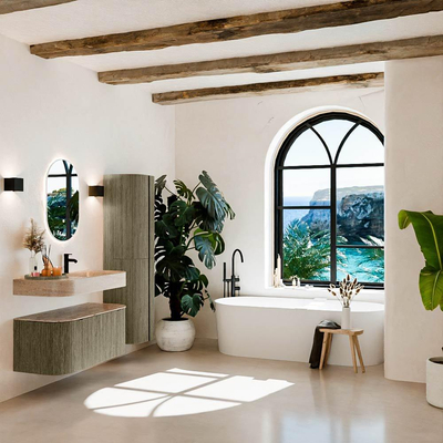 MONDIAZ THOR-DLUX 100cm meuble de salle de bains arrondi gauche + droite couleur Shadow avec 1 tiroir et 2 portes. Vasque suspendue CLOUD Droite 1 trou de robinet couleur Saba.