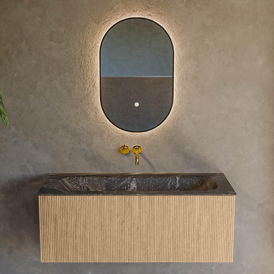 MONDIAZ KURVE-DLUX Meuble de salle de bains 110 cm couleur Oak avec 1 tiroir. Lavabo BIG MEDIUM centré sans trou de robinet couleur Lava.