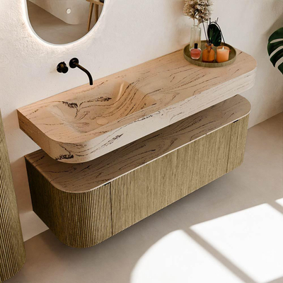 MONDIAZ THOR-DLUX 140cm meuble de salle de bains arrondi gauche + droite couleur Dusk avec 1 tiroir et 2 portes. Vasque suspendue CLOUD gauche sans trou de robinet couleur Arena.