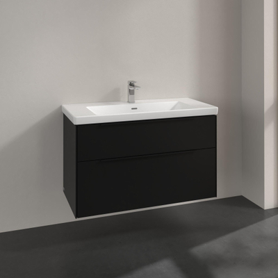 Villeroy & Boch Subway 3.0 meuble sous-lavabo - 100x55x45cm - avec poignée Volcano Black 2 tiroirs à fermeture douce 1 découpe pour siphon panneau de particules volcano black