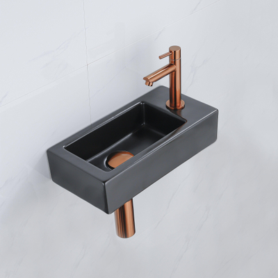 QeramiQ Fontein Fonteinset - 37.5x18.5x9cm - céramique - trou de robinet à droite - robinet lave-mains en cuivre brossé - bonde de vidage - siphon abaissé - Noir Mat
