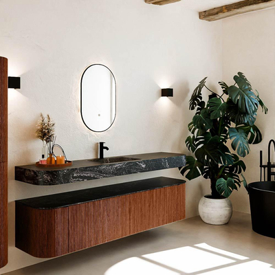 MONDIAZ THOR-DLUX 190cm meuble de salle de bains arrondi gauche + droite couleur Ruby avec 2 tiroirs et 2 portes. Vasque suspendue CLOUD Milieu 1 trou de robinet couleur Lava.